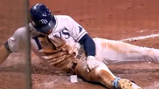 Kevin Kiermaier STEALS Blue Jays info card after play at the plate