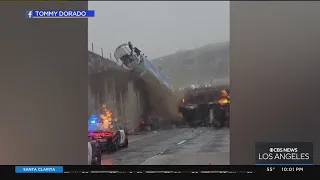 Driver details wild moments as he captured video of truck falling over side of freeway in Santa Clar