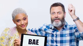 Nick Offerman Learns Millennial Slang From Kiersey Clemons | Vanity Fair