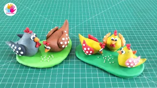 DIY Rooster with clay/ Chicken with play doh/ Hen & baby chicks with clay/ Clay bird for kids.