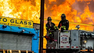 **HEAVY FIRE** Bronx Pallet Yard Inferno w/ Explosions - Wall of 50ft Flames [ 5th Alarm Box 2433 ]