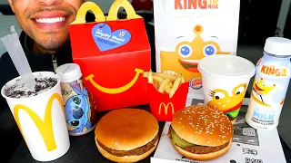 ASMR MCDONALD'S VS BURGER KING JR KIDS HAPPY MEAL BATTLE REVIEW EATING SOUNDS TOYS FRIES ICE CREAM