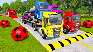 Double Flatbed Trailer Truck vs Tractor vs Train | Speedbumps vs Cars Beamng.Drive 06