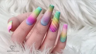 Rainbow nails. Summer ombre nail art. Rainbow Cat Eye Magnetic Gel Polish with sugar ombre.