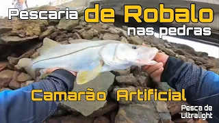 PESCARIA DE ROBALO FLECHA NAS PEDRAS COM CAMARAO ARTIFICIAL. Pesca de Ultralight.