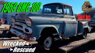 Reviving a 1959 GMC 100 short box. "It will drive out of this garage"! Wrecked Rescue.