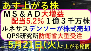 あす上がる株　2024年５月２１日（火）に上がる銘柄　MS&AD、東京海上、SOMPOの決算。日本KFC、ルネサスエレクトロニクス、QPS研究所～最新の日本株での株式投資。高配当株やデイトレ情報も～