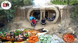 3 Days Survival House 🏡 Build Near River in Beautiful Jungle Big Fish Grilled Cooking and Eating