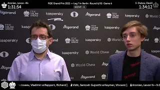 Levon Aronian and Daniil Dubov after a quick draw in round 6 of the FIDE Grand Prix 2022