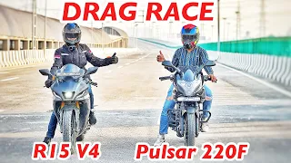 Yamaha R15 V4 VS Pulsar 220F DRAG RACE 🔥 Aayush ssm