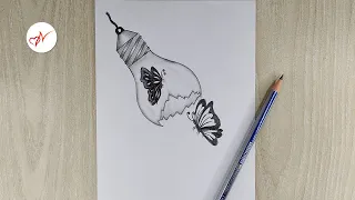 How to draw butterfly in a broken light bulb | Creative pencil sketch drawing