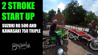 Kawasaki H2 750 Triple special & Suzuki RG 500 start up.  Two stroke heaven