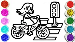How to Draw Cute Little Girl  riding a Bicycle- Story: Red Light 🚦Green light Game