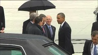 President Obama arrives at Brussels airport for G7 meeting