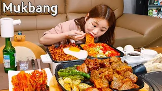 🥩삽자루 통목살구이+불닭짬뽕,짜파게티🍜 통목살 삽구이는 무슨 맛?🤔 불닭짬뽕은 생각보다..😅라면 NOODLE MUKBANG ASMR EATINGSHOW REALSOUND 요리 먹방