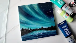 Easy acrylic painting for beginners | How to paint northern lights aurora painting on mini canvas