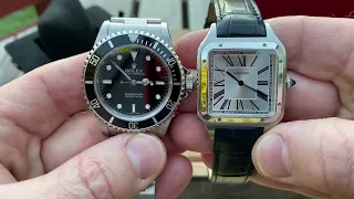 Size of Cartier Santos Dumont XL  • vs • Rolex Submariner 14060M Walkthrough Unboxing