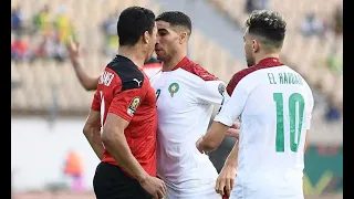 شجار عنيف بين لاعبي المنتخب المصري والمغربي   خناقة اشرف حكيمي ومصطفى محمد في مباراة مصر والمغرب