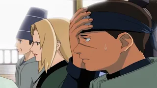 Lady Tsunade watching Naruto throw a temper tantrum as Kakashi & Sakura watch in disbelief