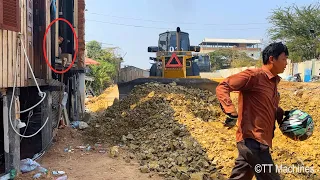 FULL ATION !! Great Job Team KOMATSU Bulldozer Spreading Stone Building New Foundation Village Road