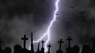 Smoky Cemetery with Bats Lightning & Thunder Sound FX Free 4K Halloween Motion Background Loop Video