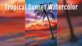 Tropical sunset  with palms in watercolor - Tramonto tropicale ad acquerello
