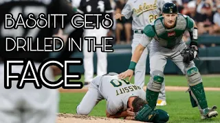 Chris Bassitt gets carted off the field after getting hit in the face with a line drive 8/17/21