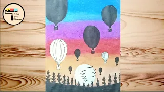 Hot air balloon landscape scenery drawing | hot air balloon drawing | sunset landscape scenery