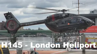 H145 VIP helicopter landing, engine start and takeoff at London Heliport M-AJOR