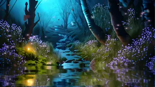 Mystical forest illustration with meditation music and visual effects.