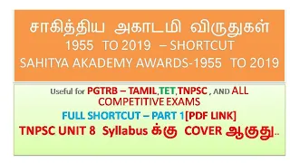சாகித்திய அகாடமி விருதுகள் -1955 to 2019|SAHITHYA ACADEMY AWARDS from1955 to 2019 |Thoduvanam TNPSC|