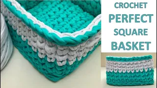 How to crochet PERFECT SQUARE BASKET, t-shirt yarn, simple for beginners, free written pattern