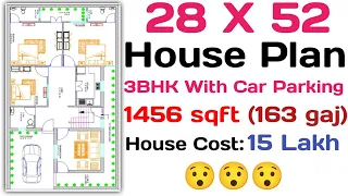 28 x 52 (163 gaj) Modern House Plan || 3BHK With Car Parking || 1456 sqft House Plan (Hindi/Urdu).