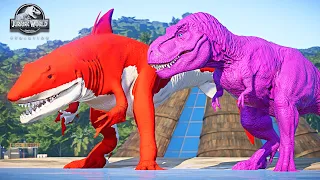 Blue Godzilla, Red King Shark, Pink T-Rex & Colorful Dinosaurs Fight Jurassic World Evolution