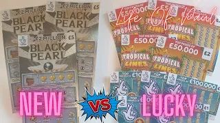 Lucky lottery scratch cards vs New £5 Lottery scratch tickets. Which will beat the other for wins?