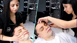 ASMR Head and face massage and premium shaving in Russian barbershop by female barber