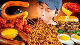 ASMR MUKBANG | Fried Chicken, Black Bean Fire Noodles, Triple Cheeseburger, Sausage |