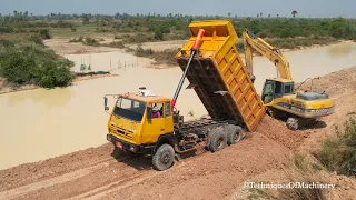 Best Activities Work Build New Road, Dozer Pushing Soil With Excavator And Dump Truck Unloading Soil