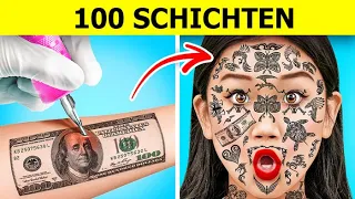 100 SCHICHTEN CHALLENGE || TATTOOS, Wimpern, Make-up! Lustiges TRAU-DICH-SPIEL auf 123 GO! CHALLENGE