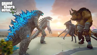 Godzilla and Mechagodzilla vs Muto and Minotaur - GTA V Mods