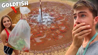 Rescuing GOLDFISH With GIRLFRIEND From PUBLIC FOUNTAIN! (Rescue mission)