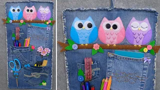 Wall hanging organizer Owls from old jeans 🦉 Add bright colors to the interior 👖 No glue, washable