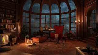 Relaxing Night in a Mountain Skylight with Crackling Fireplace & Rain on Window for Sleeping