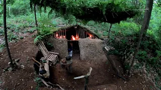 SOLO Two Days CAMPING - BUSHCRAFT Camp - Build Survival Tiny House -Fireplace Inside Shelter - Asmr