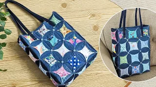 DIY Adorable Patchwork Denim and Printed Fabric Tote Bag Out of Old Jeans and Fabric Remnants