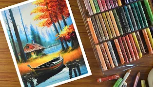 Oil Pastel Landscape Drawing - step by step / Forest cabin scenery Painting with Oil Pastel