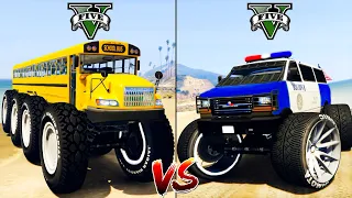 Monster Limousine School Bus vs Monster Police Van in GTA 5 - Which Monster Truck is better?