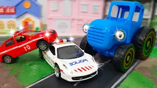 CARTOONS about Toy Cars Drive . Collection with blue tractor and police cars