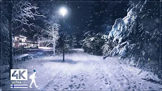 Celestial Snowfall Night Walk in the Suburbs of Finland - Slow TV 4K