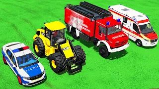 POLICE CAR , CAT LOADER , FIRE DEPARTMENT , AMBULANCE TRANSPORTING! Farming Simulator 22